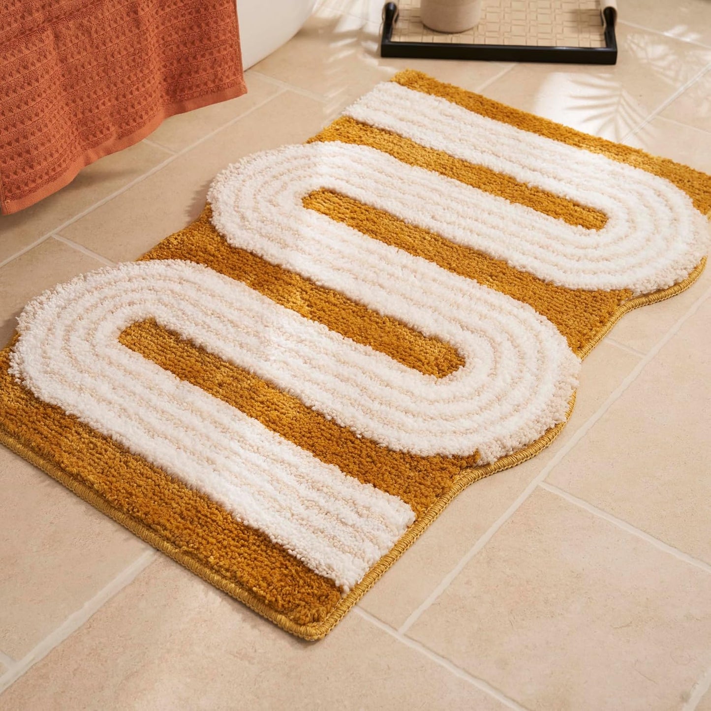 Unique Boho Bathroom Rugs, Cute Bath Mat with Funky Design, Fun Bohemian Decor for Bathroom Bedroom, Machine Washable Soft Non-Slip Bath Rug, 30" X 20", Mustard Yellow