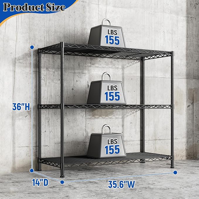 3- Shelf Metal Shelving Unit 35.6Wx14Dx36H Adjustable Storage Shelves Heavy - Image 3
