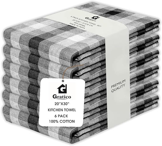 Kitchen Towels Set of 6 Black/White Checks 20x30 Inches 100% Cotton Highly by Gratico