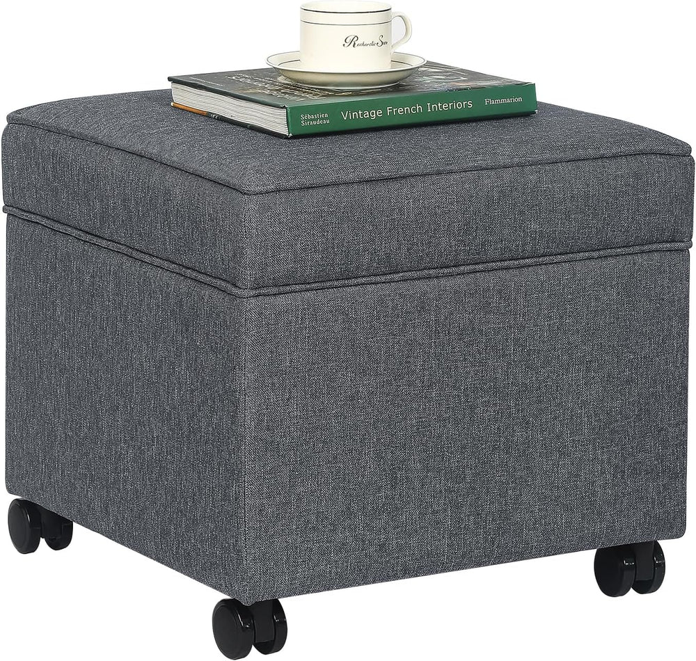 17" Square Storage Ottoman with Wheels, Upholstered Linen Movable Cube F...
