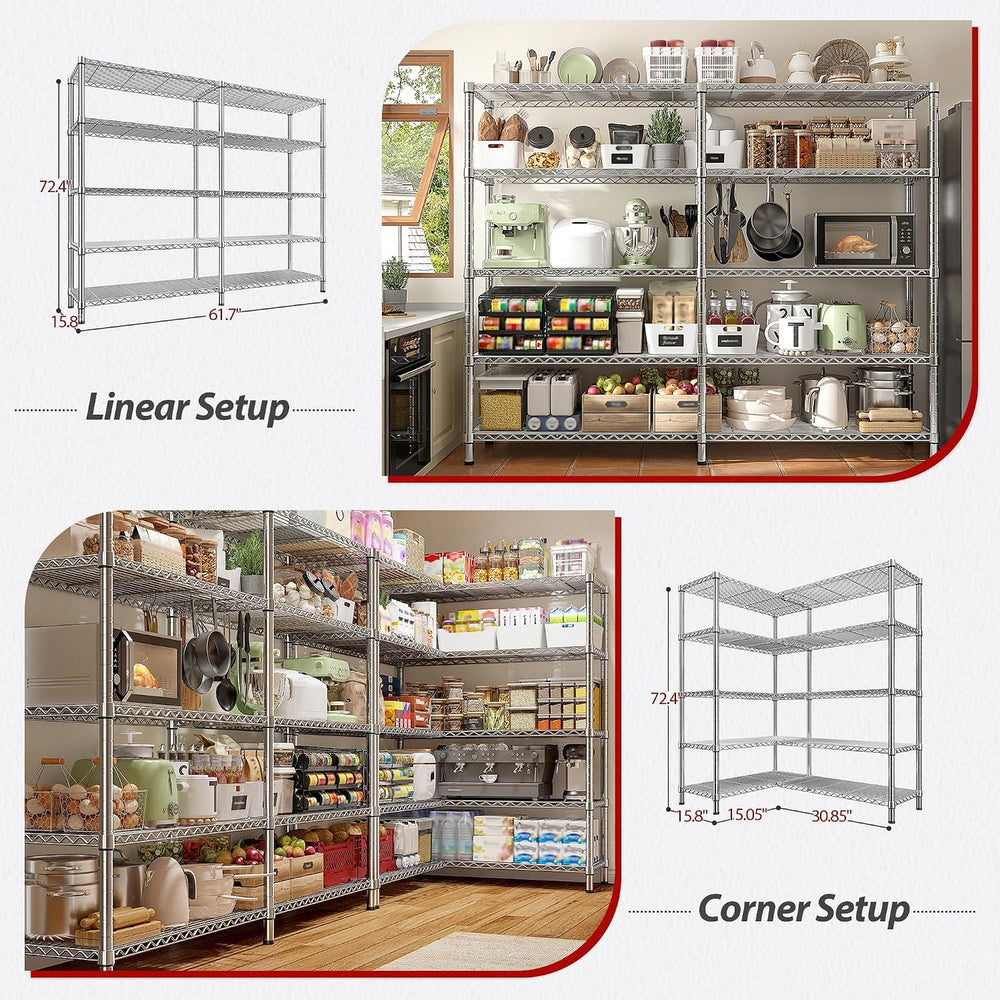 REIBII 1500LBS Storage Shelves 61.7''W Wire Shelving Unit 5 Tier Meta...