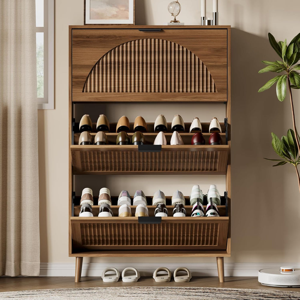 Xixini Shoe Storage Cabinet with 3 Flip Drawers, 50" Tall Narrow Wood Fl...