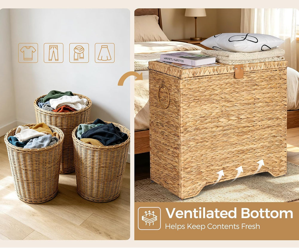 130L Wicker Laundry Hamper, 3-Section Laundry Basket with Lid
