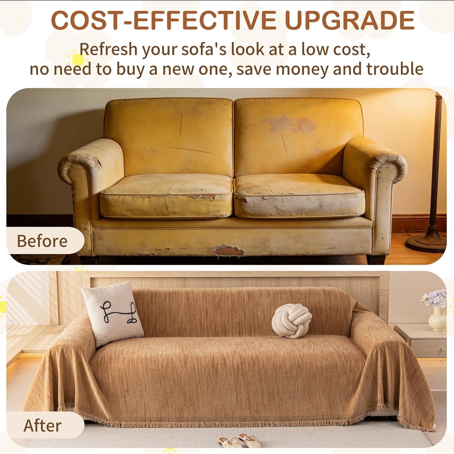 Couch Covers Sofa Cover for 3 Cushion Washable, Loveseat Slipcovers for Dogs, Pet L Shape Sectional Sofa Protector, Boho Couch Cover Blanket, Vertical Slub Chenille, Yellow, 71"x118"