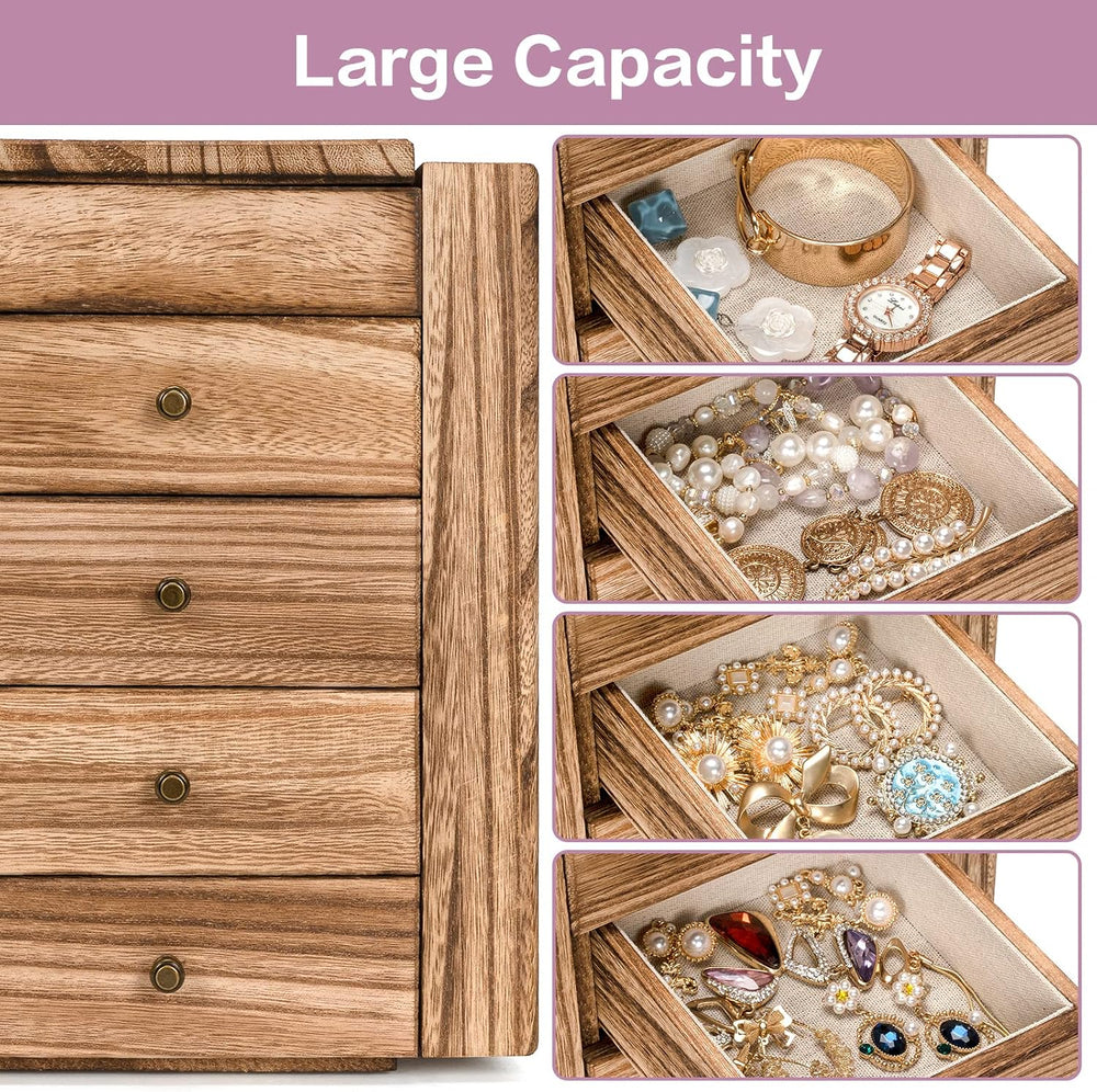 Meangood Jewelry Box Wood for Women, 5-Layer Large Organizer Box with Mirror ...