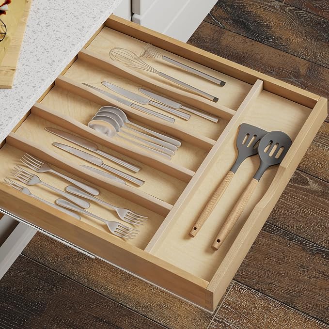 WelFurGeer Solid Birch Wood Silverware Drawer Organizer, Wooden Cutlery Drawer - Image 2