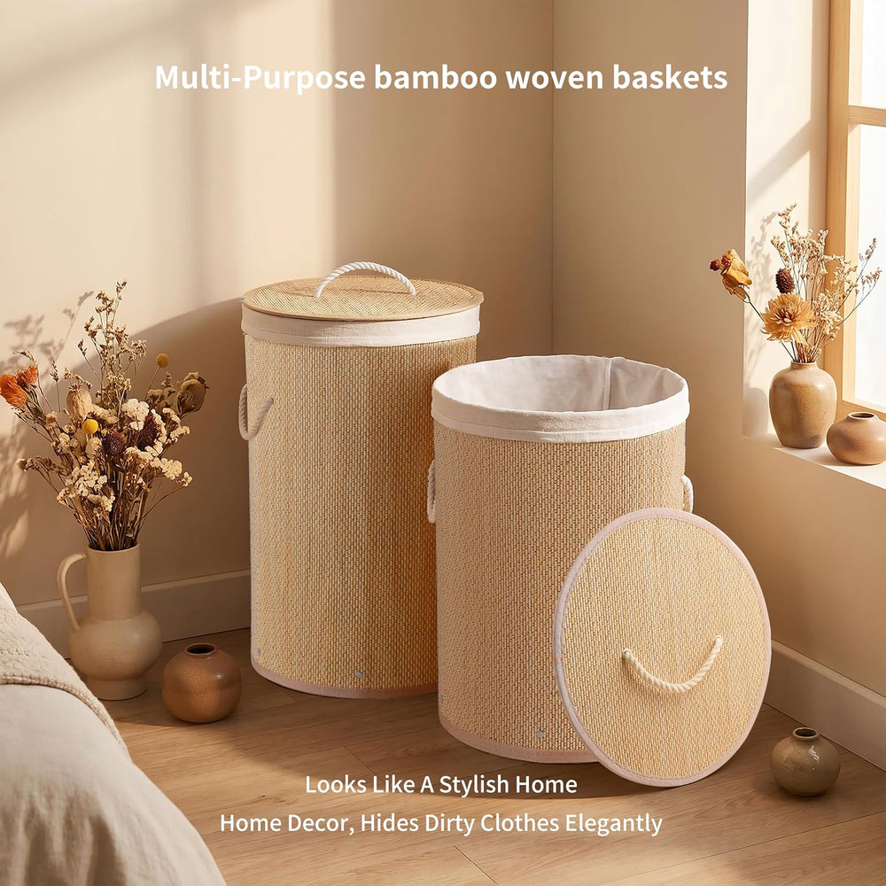 2 Pack Foldable Bamboo Laundry Hamper with Lid, Tall Storage Basket