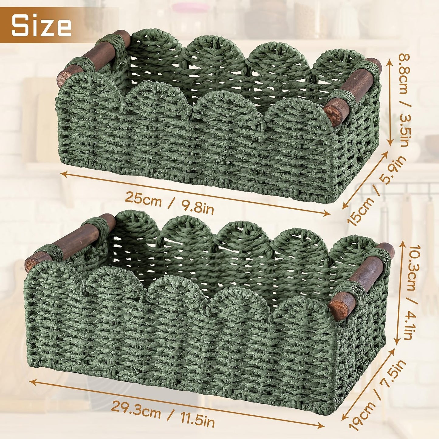 Wicker Baskets for Organizing Toilet Paper Storage Basket | with handle for Bathroom Bedroom Home Farmhouse Decor,Set of 2,Green