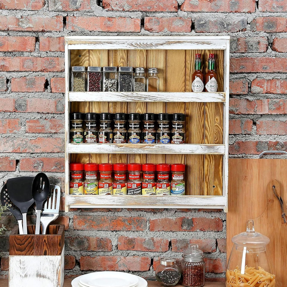 MyGift 3 Tier Spice Rack Wall Mount Rustic Wood Kitchen Shelf