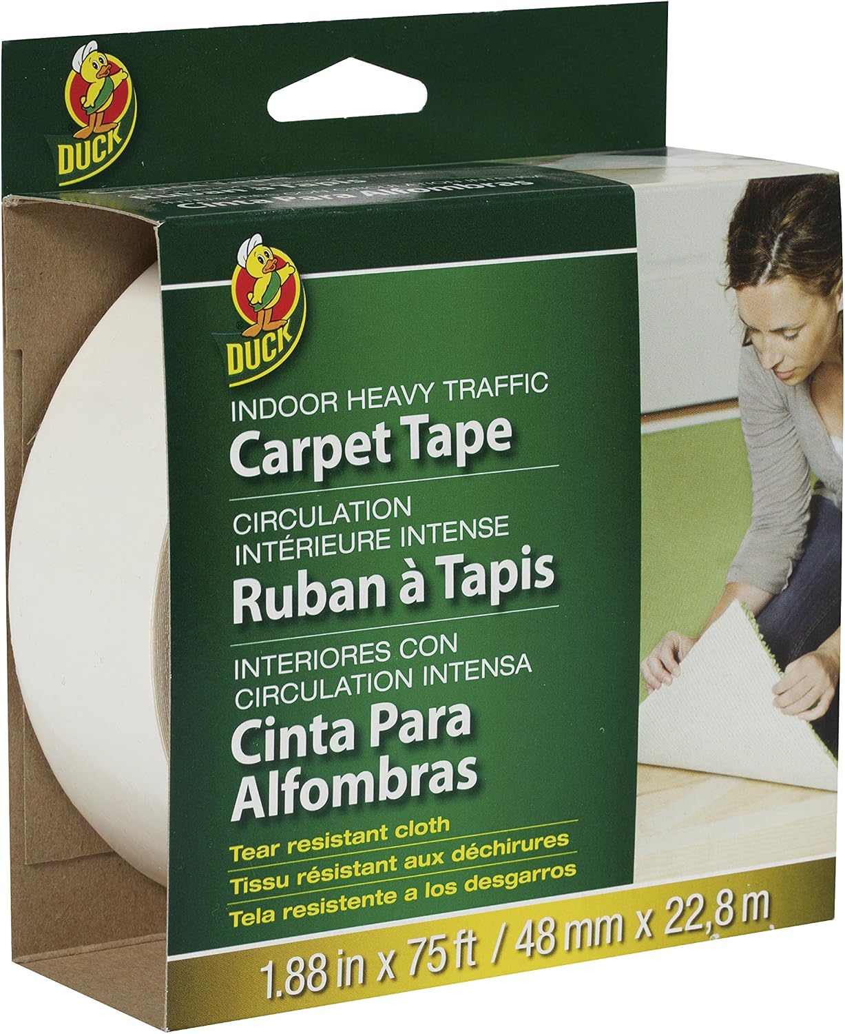 Duck Brand Indoor Heavy Traffic Carpet Tape, 1.88-Inch x 75 Feet, Single Roll, White (442061)
