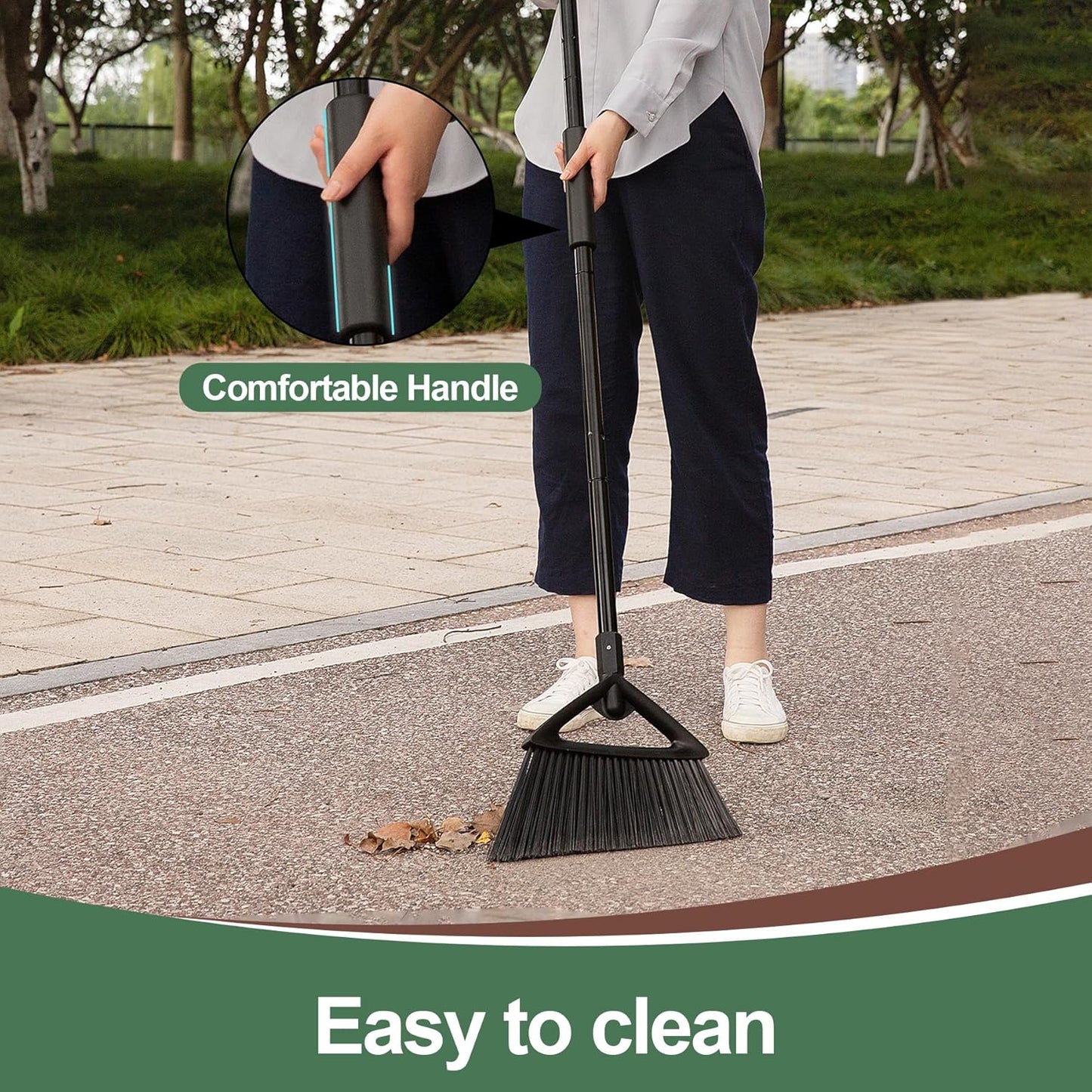 Eyliden Broom, Angle Broom with 57" Long Handle, PET Bristles - Fit Heavy-Duty Cleaning, Also Works Well Fine Dust - Commercial Outdoor Indoor Sweeper for Courtyard Sidewalk Deck Kitchen Lobby, Black