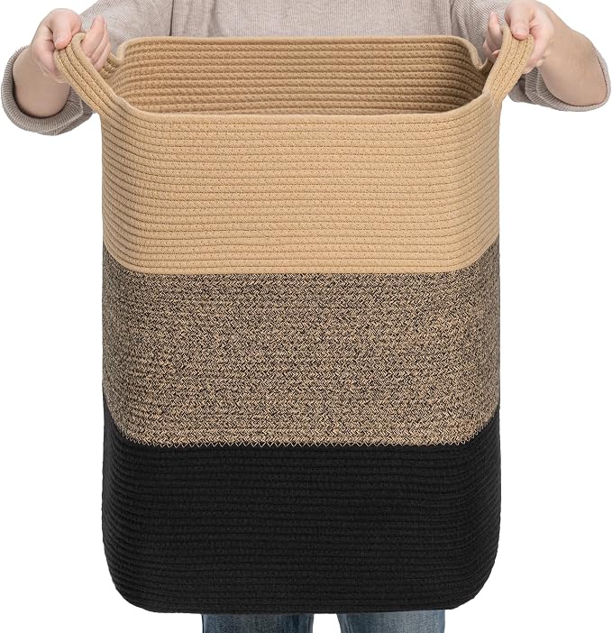 CLHMILY&Z 75L Laundry Basket Rectangular Black Jute Rope by ClhmilyZ