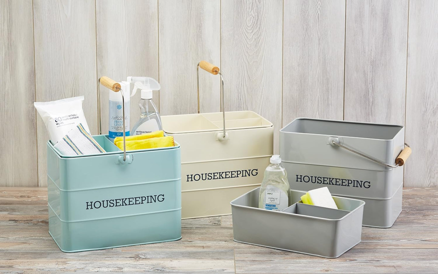 KitchenCraft Living Nostalgia Cleaning Caddy with Handle, Metal, 33 x 21 x 26 cm, French Grey