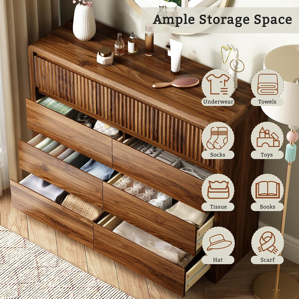 LYNSOM Walnut Fluted 9 Drawer Dresser for Bedroom, Curved Edge, 50" Wide