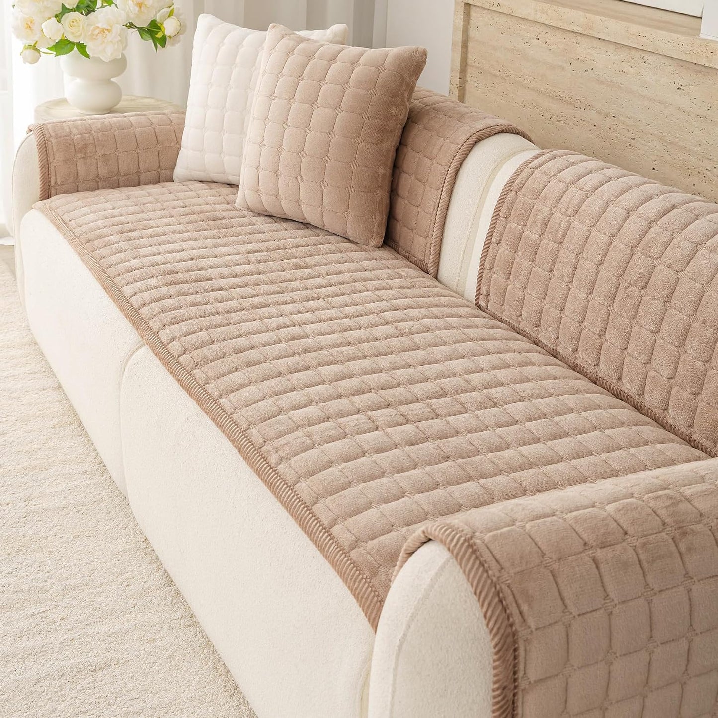Premium Velvet Washable Dog Couch Cover, Non Slip Sofa Cover for 3 Cushion, L Shaped Waterproof Fumiture Protector Covers(1PC/27.6"x27.6",Khaki)