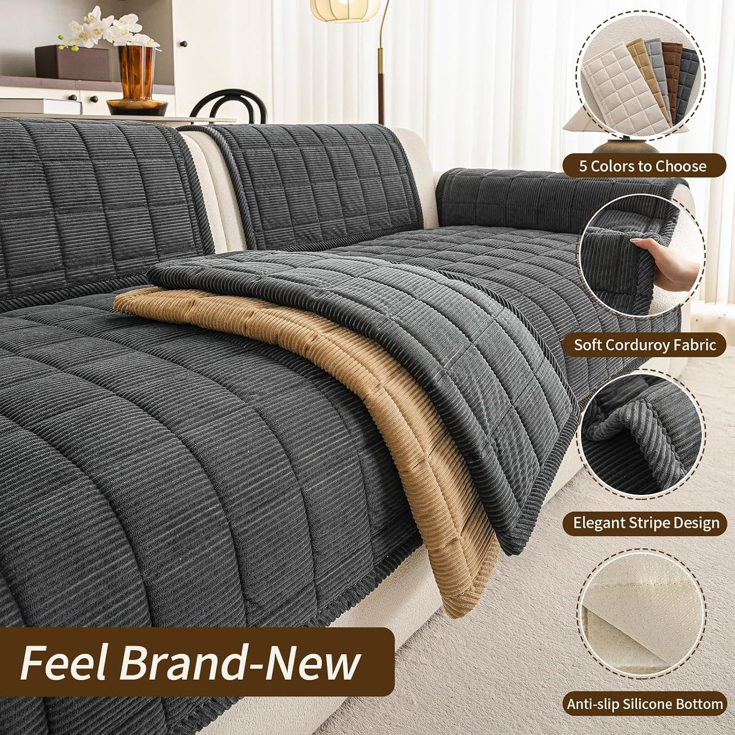 Velvet Couch Covers for Sectional Sofa Washable, Non-Slip L Shaped Sectional Couch Cover, Soft Pet Couch Covers for Sofa, Furniture Slipcovers for Loveseat(1PC,35"x63",Dark Grey)