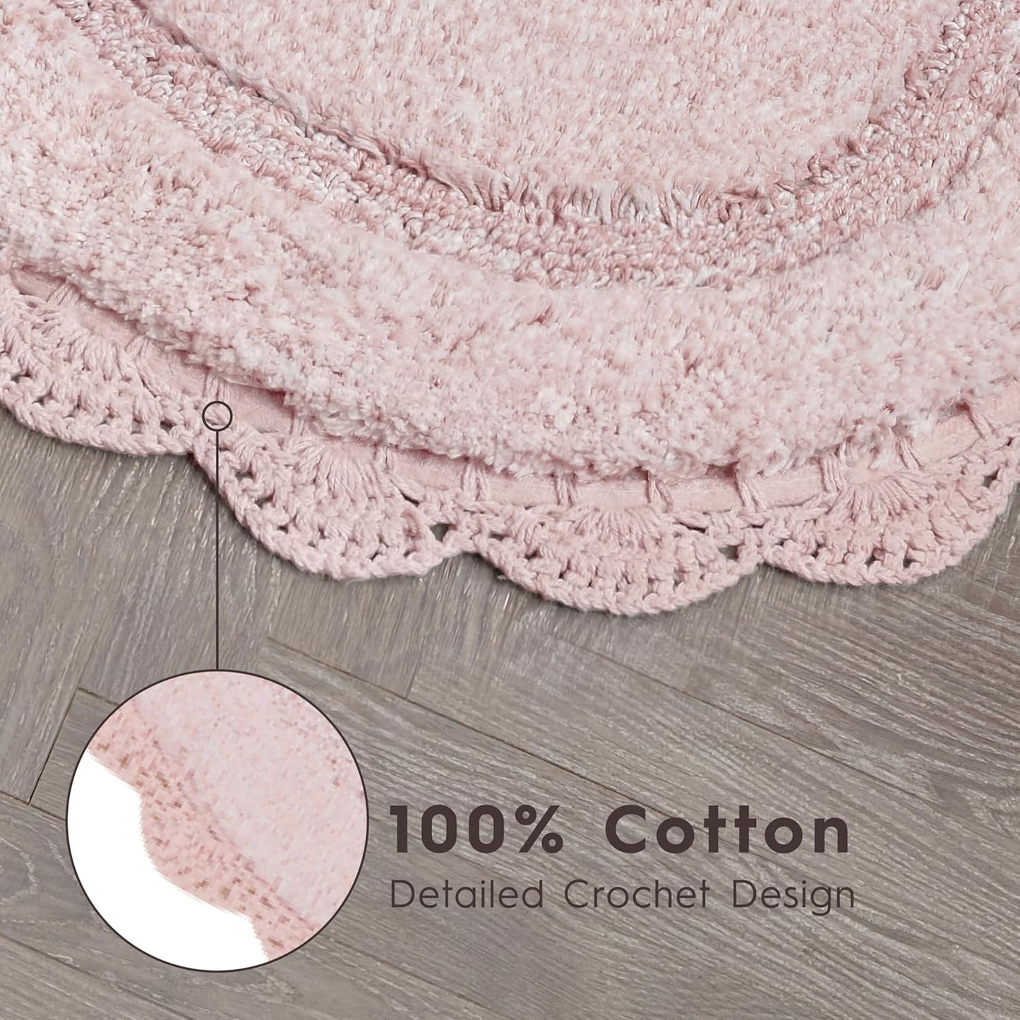 Laura Ashley Eloise 100% Cotton Oval Bath Mat 2-Piece Set with Crochet Border, Soft & Absorbent, Light Pink 17" x 24"/20" x 32" Bathroom Rugs