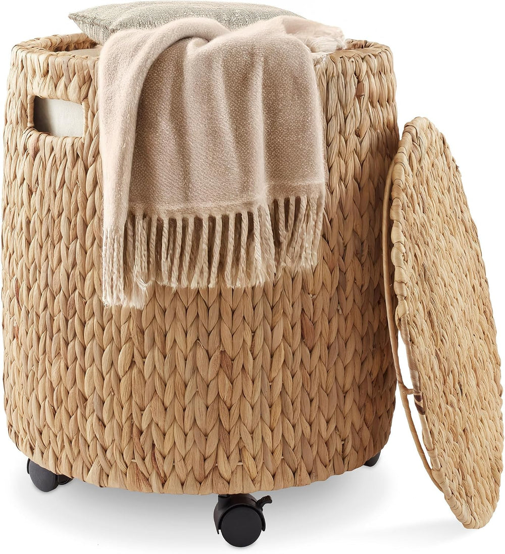 Casafield Round Rolling Storage Basket with Lid - Natural, Handwoven Water Hy...