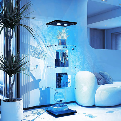 Glass Display Cabinet with Lights and Lock, 4-Tier Display Case Curio Cabinet with Glass Door, Floor Standing Showcase for Living Room Bedroom Home Office 16.7" W x 14.3" D x 64.5" H