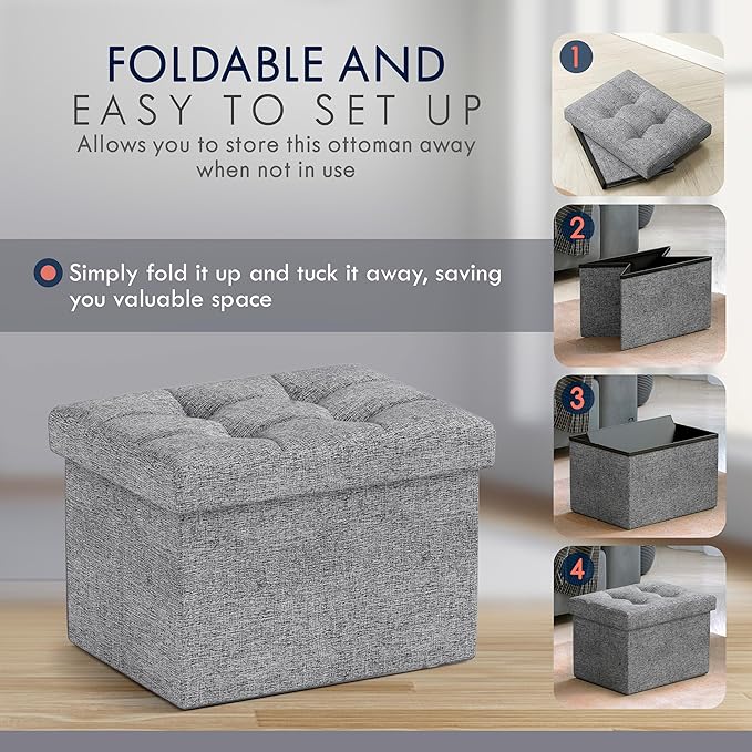 Ornavo Home Small Storage Ottoman Foldable Collapsible Rectangle Linen Ottoman - Image 5