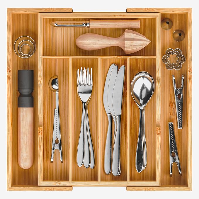 BAMEOS Bamboo Expandable Drawer Organizer, 5-7 Slots Kitchen Drawer Organizer by BAMEOS
