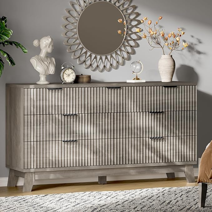 Fluted Dresser with 7 Drawers, Wooden Dresser TV Stand, Wood Closet Clothes by Xixini
