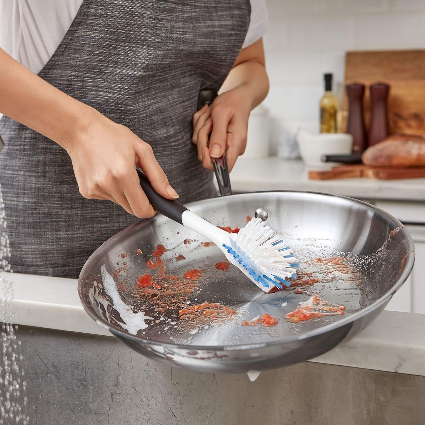 OXO Good Grips Dish Brush, Nylon Bristles with Built-in Scraper, Safe for Non-Stick Cookware, Non-Slip Handle, Dishwasher Safe