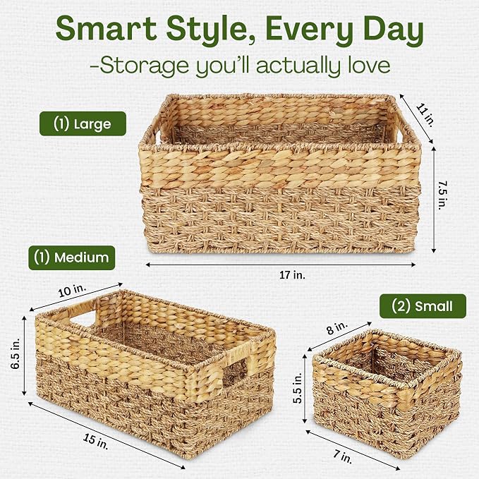 Seagrass and Hyacinth Nesting Wicker Basket, 4 pack, Natural Woven Storage - Image 3