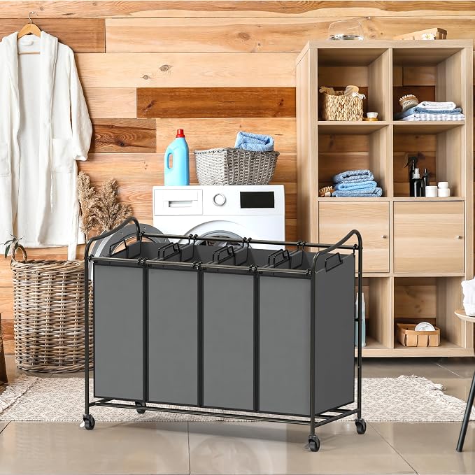 Simple Houseware 4-Bag Heavy Duty Laundry Sorter Rolling Cart, Dark Grey - Image 2