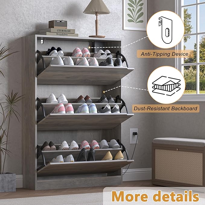 Shoe Cabinet with Odor Control and Back Panels, Deodorizing Slim 3-Flip Shoe - Image 6