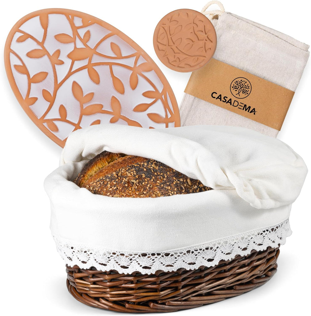 Bread Warmer Basket with Warming Stone (Large Oval 12 x 9) - Bundled w/Linen ...