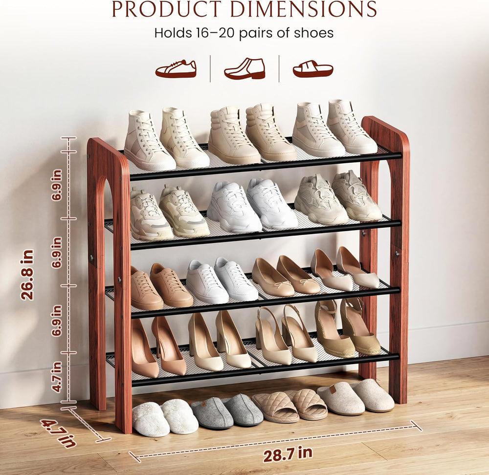Wooden 4-Tier Shoe Rack, Free Standing Shoe Storage Organizer with Wood Legs ...
