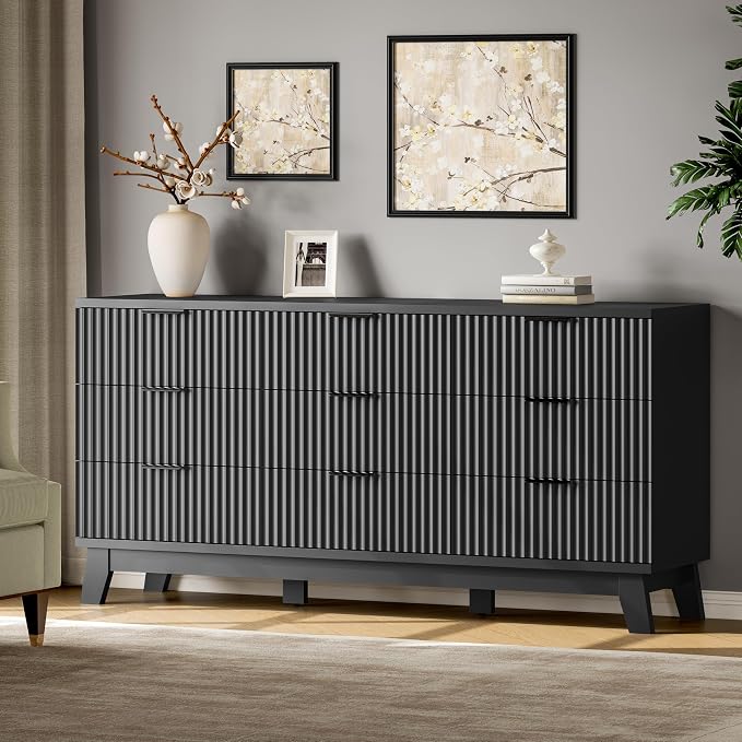 Fluted Dresser with 9 Drawers, Wooden Dresser TV Stand, Wood Closet Clothes - Image 3
