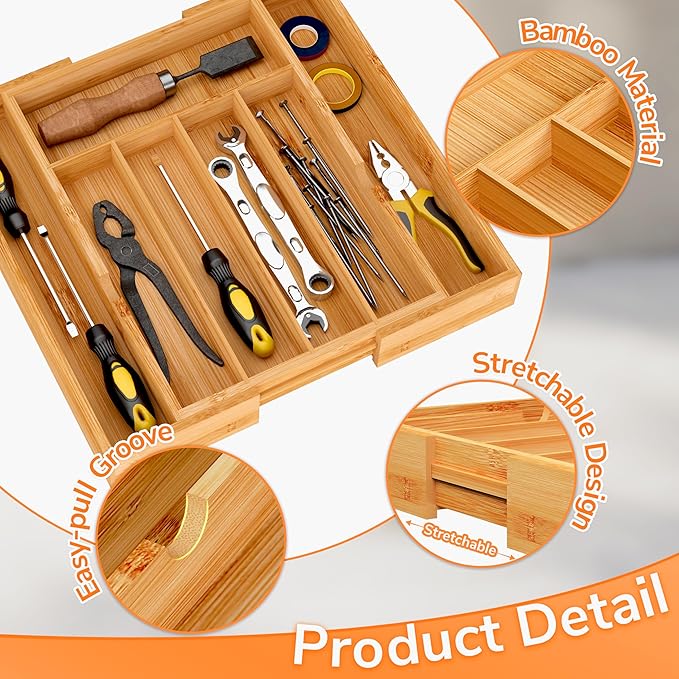BAMEOS Bamboo Expandable Drawer Organizer, 5-7 Slots Kitchen Drawer Organizer - Image 3