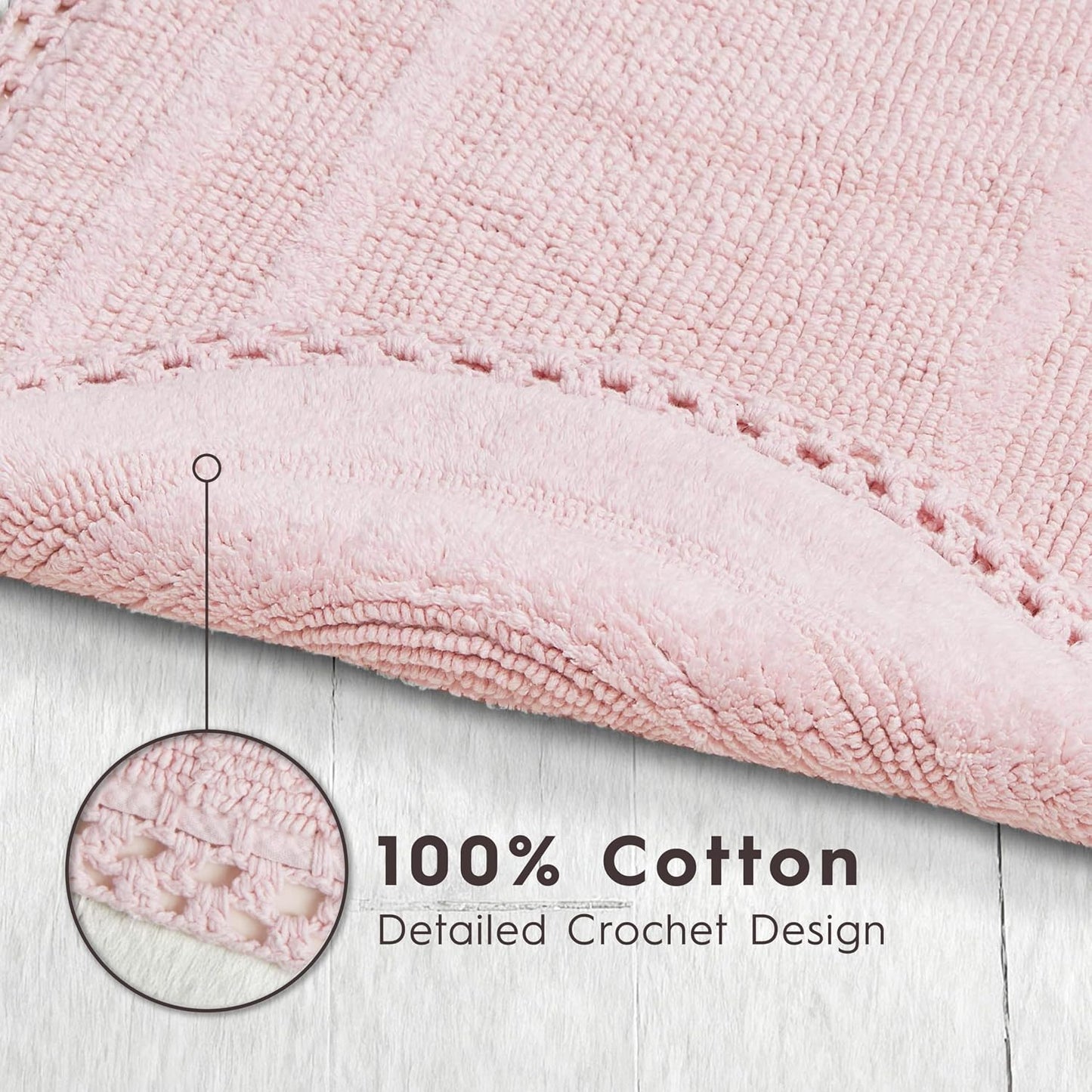 Laura Ashley Camilla 100% Cotton Oval Bath Mat with Crochet Border, Soft & Absorbent, Light Pink 21" x 34" Bathroom Rug
