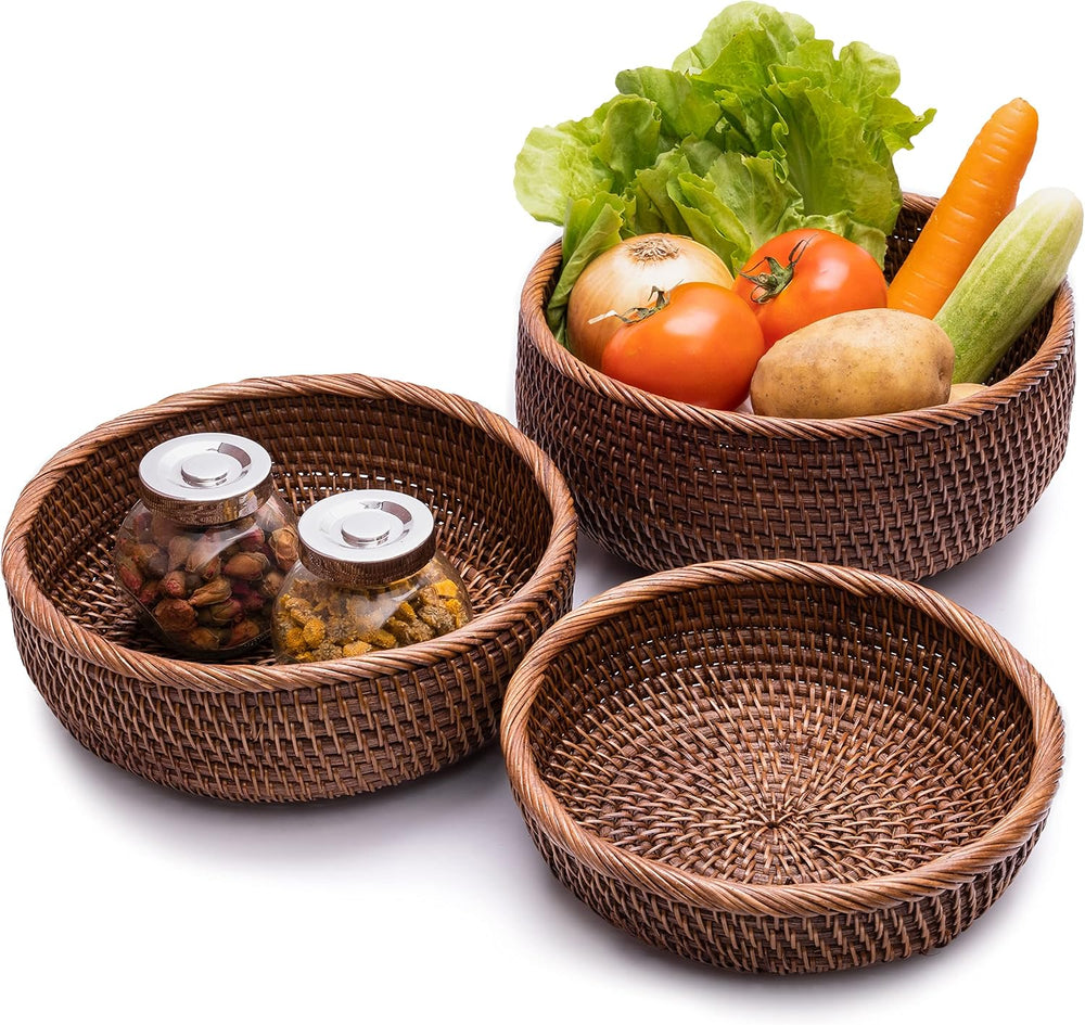 Rattan Bread & Fruit Serving Baskets Set of 3, Round Wicker Baskets for K...