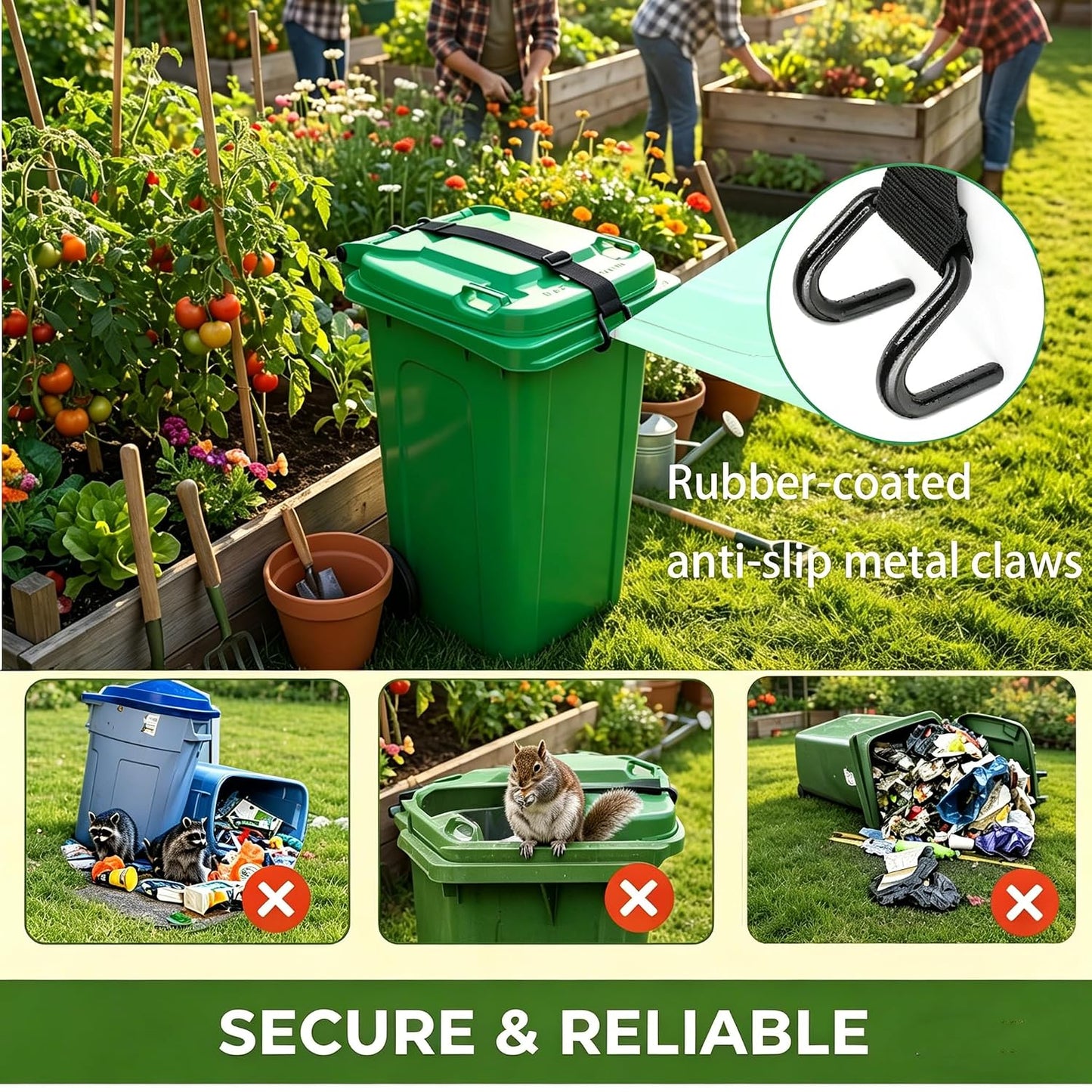 Metal Double Claw Trash Can Lid Lock with Adjustable Elastic Strap, Animal-Proof & Windproof Garbage Can Lock for 28-96 Gallon Bins, Dual Mount Design - Clamp or Tie to Keep Out Raccoons & Bears