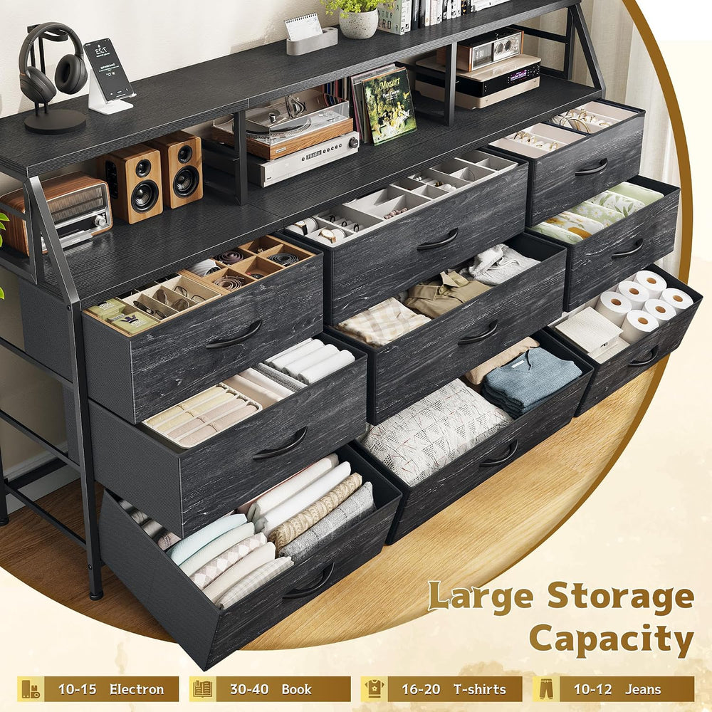 Homkdom Black Dresser for Bedroom with 9 Fabric Drawers & Display Top Shelf
