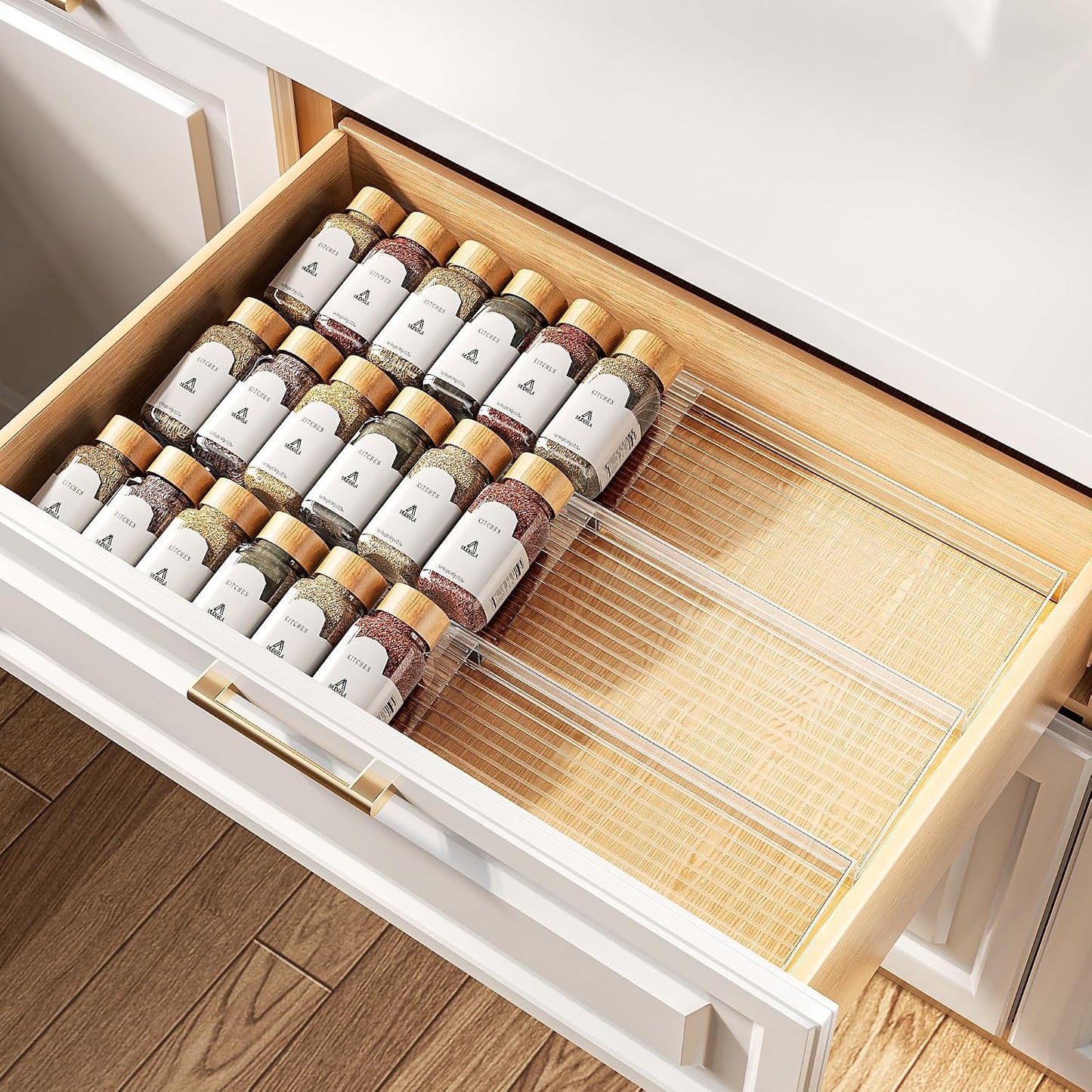MUDEELA Clear Spice Drawer Organizer, 3 Tier- 2 Set (6 Packs) | Expandable From 11" to 22", (Jars not included), Kitchen Seasoning Organizers and Storage for Drawer