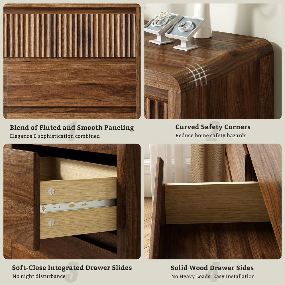 LYNSOM Walnut Fluted 9 Drawer Dresser for Bedroom, Curved Edge, 50" Wide