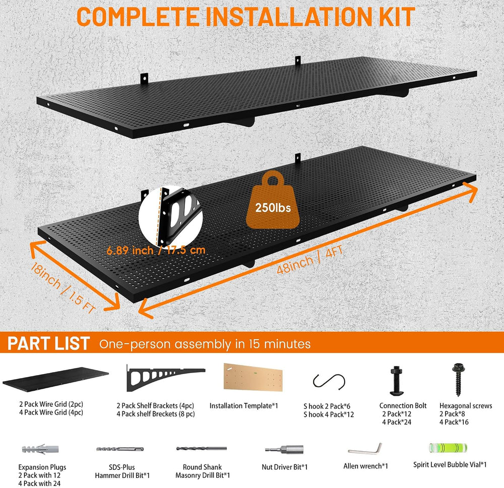 2-Pack 1.5x4ft Garage Wall Shelving, 500 Lbs Heavy Duty Garage Shelving Wall ...
