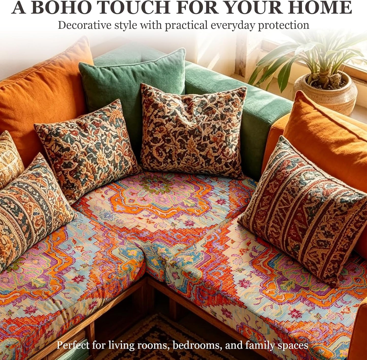 Boho Printed Couch Cushion Covers, Waterproof Stretch Outdoor Cushion Covers, Patio Sofa Covers with Elastic Bottom-3 Pieces, Orange
