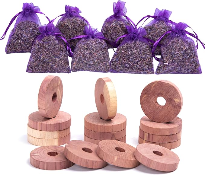 Pack of 16 Cedar Blocks and 8 Lavender Flower Sachets Craft Bag, Drawer by LavandeSurTerre