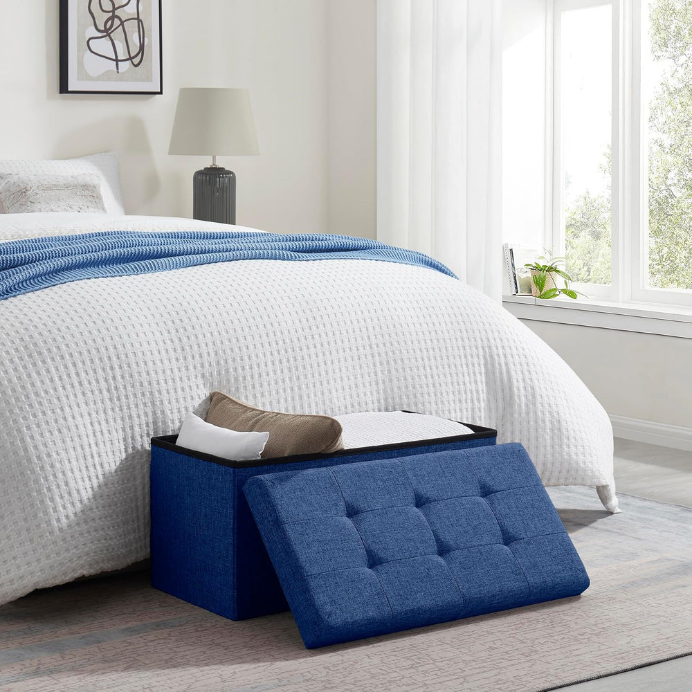 Ornavo Home 30 Inch Folding Storage Ottoman Bench, Tufted Linen, Navy Blue