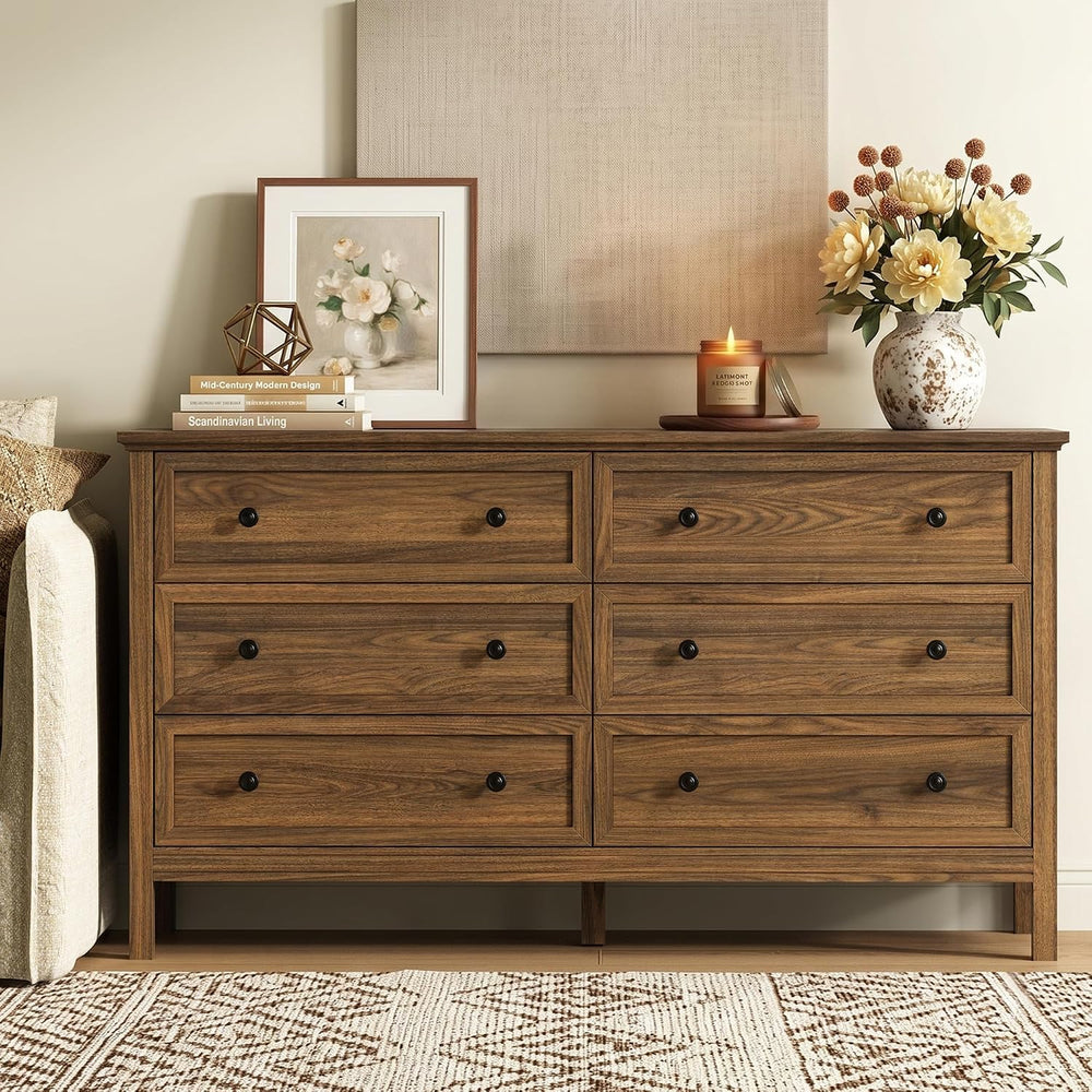 Walnut 6 Drawer Dresser for Bedroom, 55" Wood Chests of Drawers for Hallway