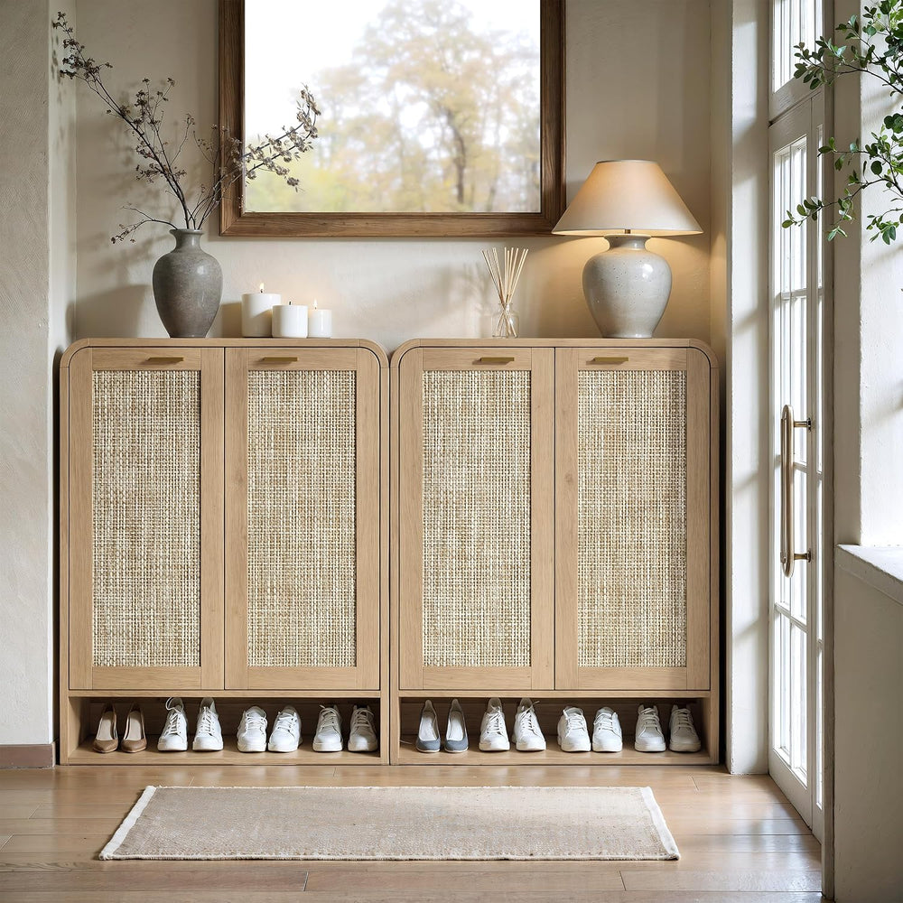 Evermagin 41 Inch Rattan Shoe Storage Cabinet Holds 24 Pairs, Natural Oak