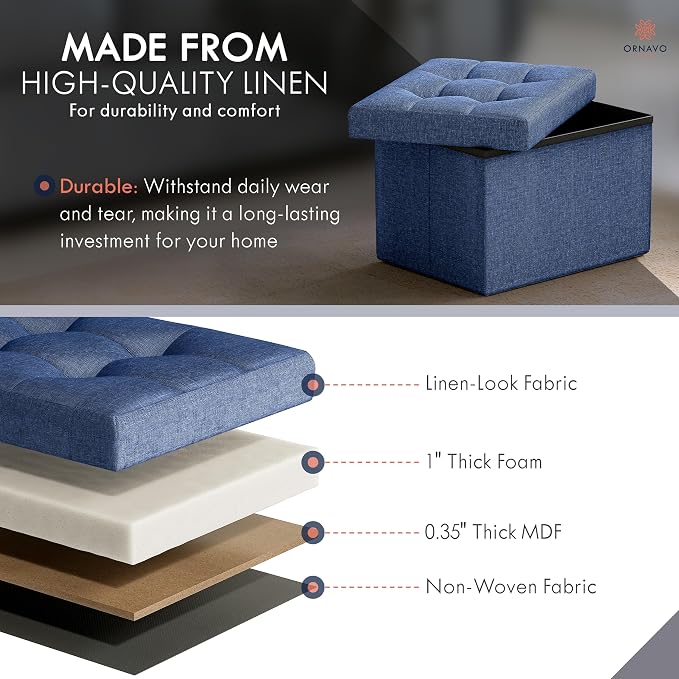 Ornavo Home Small Storage Ottoman Foldable Collapsible Rectangle Linen Ottoman - Image 4