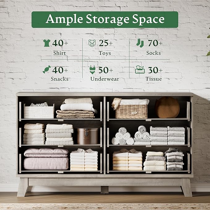 Fluted Dresser with 6 Drawers, Wooden Dresser TV Stand, Wood Closet Clothes - Image 4