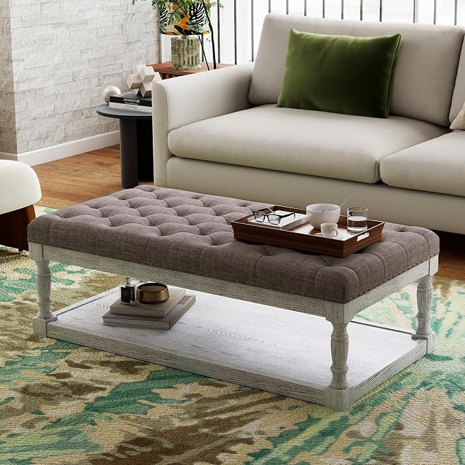 48" Large Ottoman with Storage Coffee Table, Upholstered Tufted Linen Ottoman by Unknown