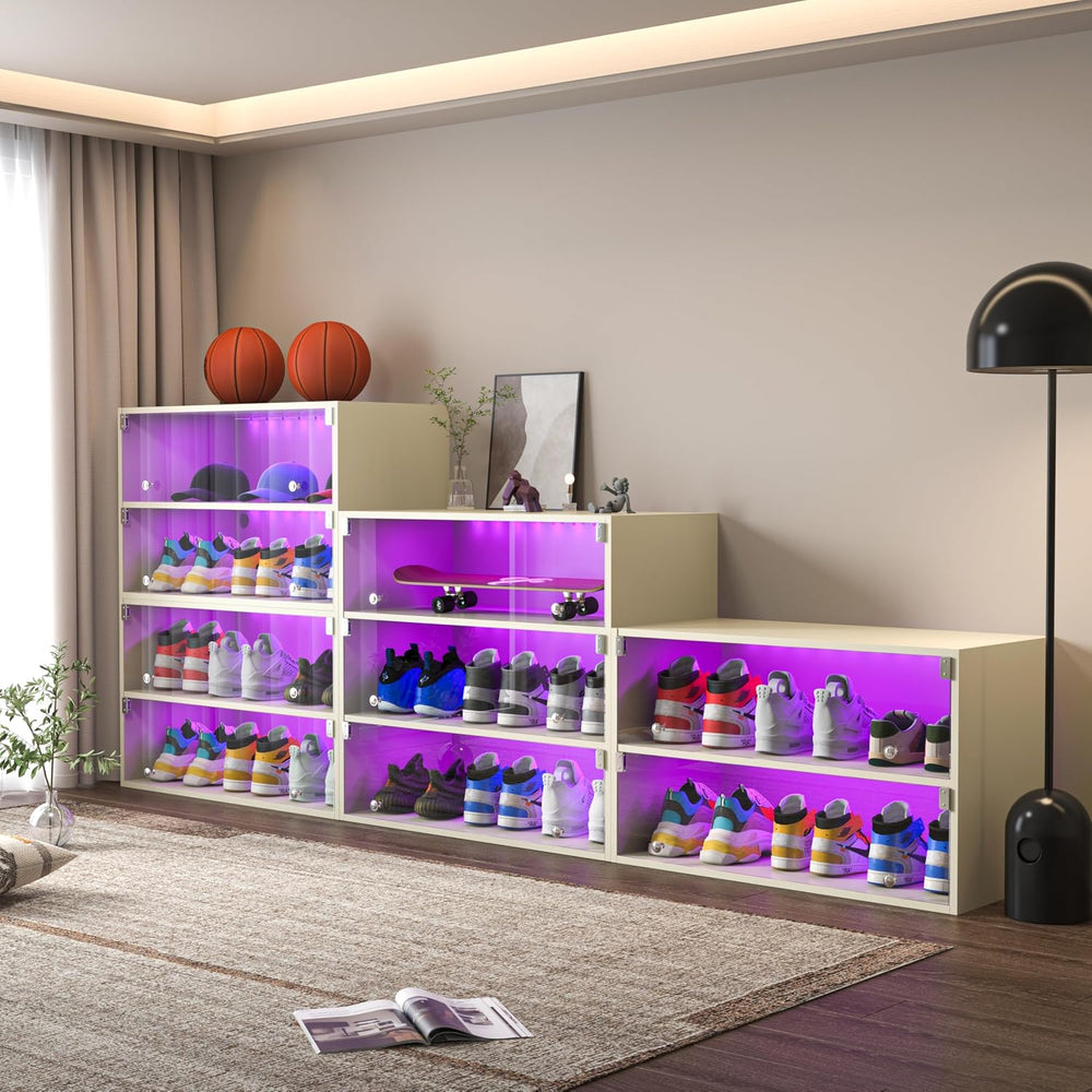 HomVent Shoe Box with RGB LED Light, Wooden Stackable Shoe Storage Box with G...